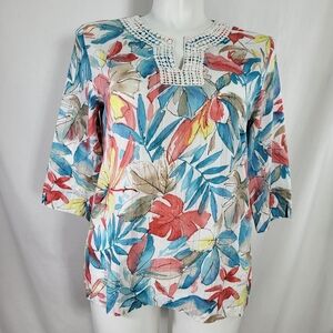 Alfred Dunner Floral TOP Womens Size 12 Lace 3/4 Sleeve Keyhole 100% Cotton